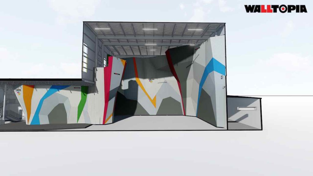 Sideview rendering of new lead climbing tower at Inner Peaks Climbing in Matthews, NC , top rope wall side.